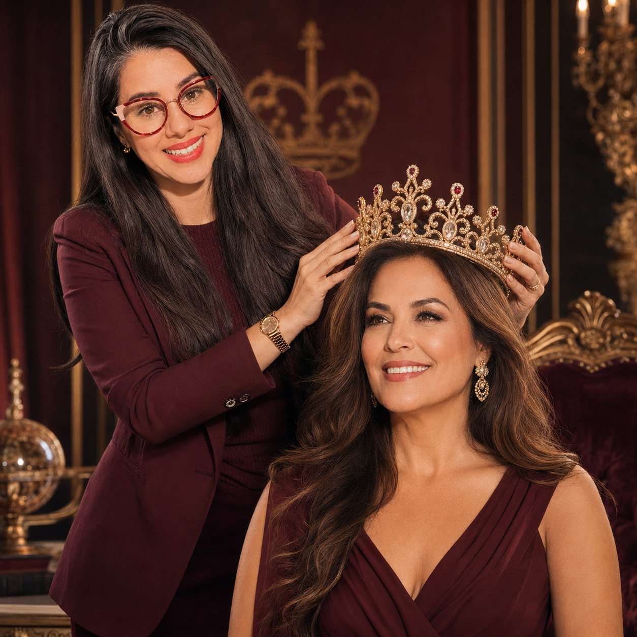 Duas mulheres em momento de coroação — representando a ascensão da turma fundadora